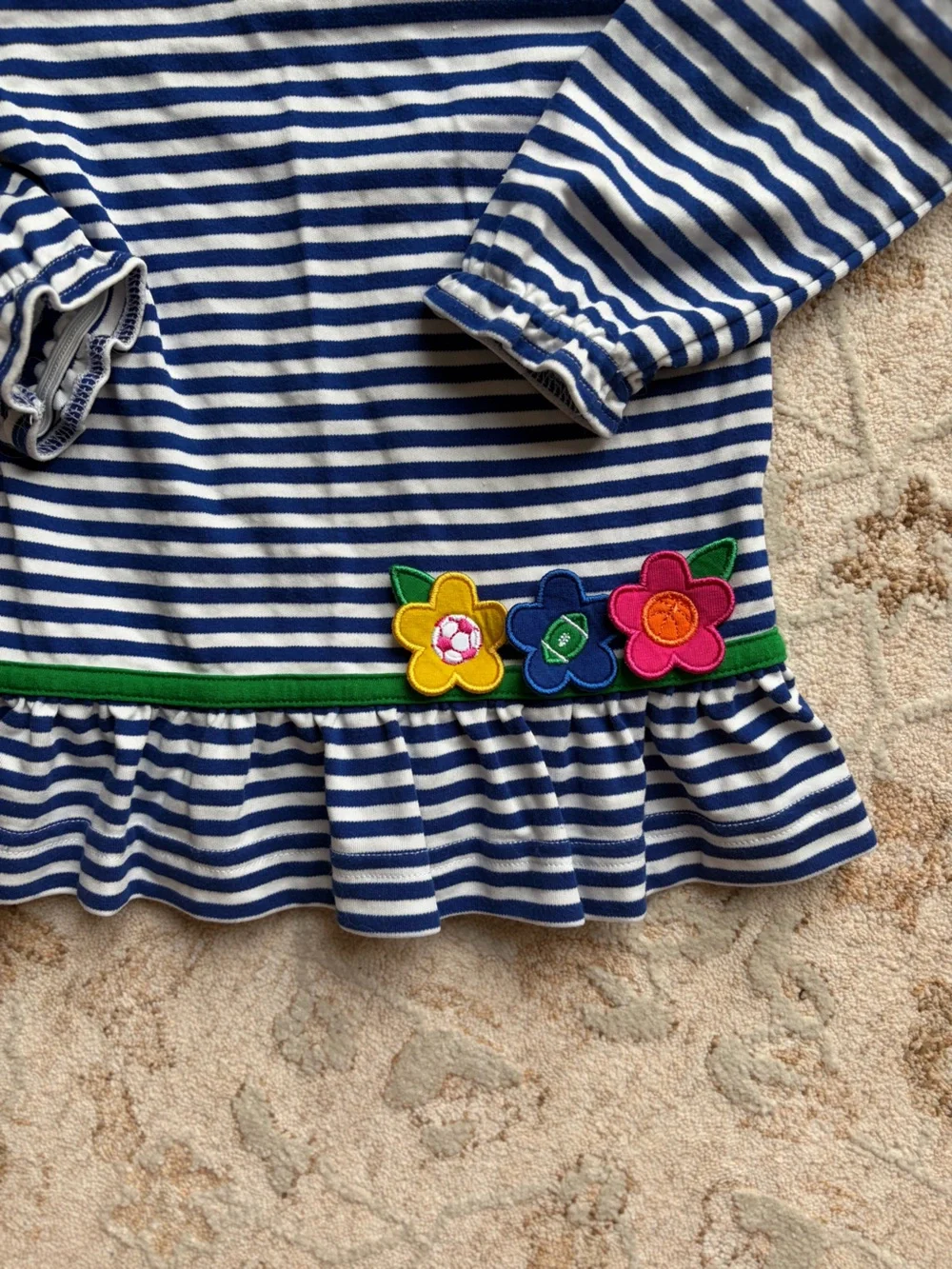 Florence Eiseman Striped Sports Flower Appliqué Long Sleeve Peplum Tunic Top